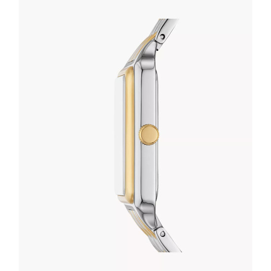 Fossil ES5305 ženski sat Raquel pravougaono kućište Two Tone Silver Gold Tone Cirkon Mother of Pearl Dial Roman Numerals 26mm
