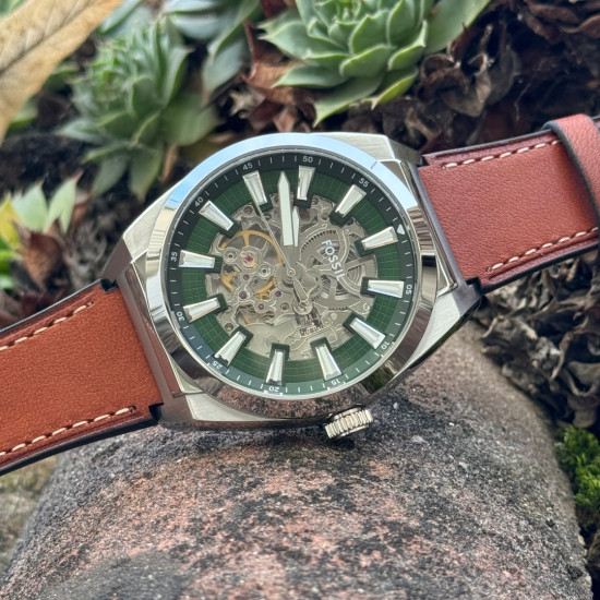 Fossil ME3261 muški sat Everett Automatic Brown kožni kaiš Fresh Green Skeleton Dial 42mm