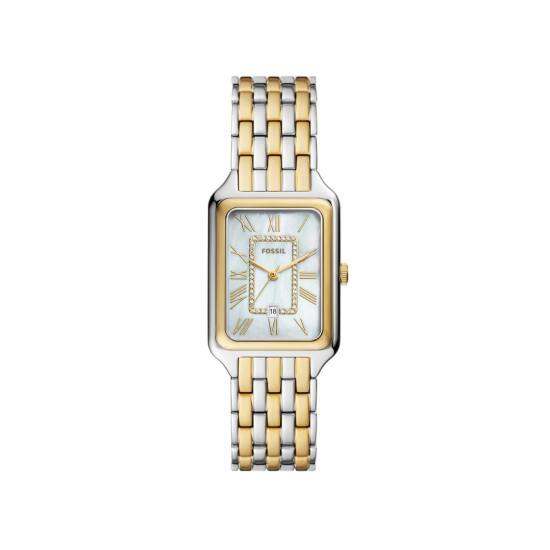 Fossil ES5305 ženski sat Raquel pravougaono kućište Two Tone Silver Gold Tone Cirkon Mother of Pearl Dial Roman Numerals 26mm