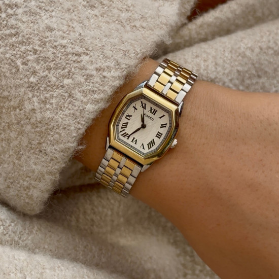 Fossil ES5362 ženski sat Harlow Octagonal Two Tone Silver Gold Roman Numerals Cream Dial 27mm