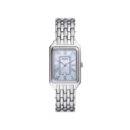 Fossil ES5402 ženski sat Raquel pravougaono kućište Silver Tone Cirkon Sky Blue Mother of Pearl Dial Roman Numerals 26mm