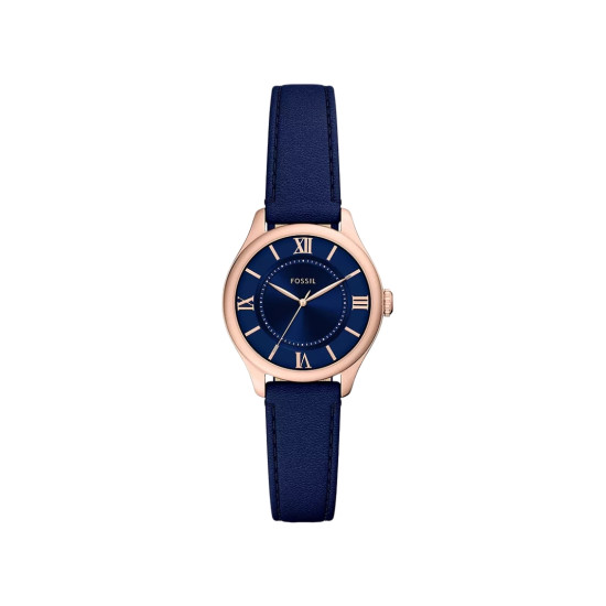 Fossil ES5424 ženski sat Gilmore Mini Rose Gold Tone kožni kaiš Navy Blue Satin Sunray Dial 28mm