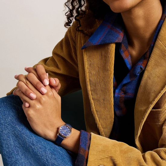 Fossil ES5424 ženski sat Gilmore Mini Rose Gold Tone kožni kaiš Navy Blue Satin Sunray Dial 28mm