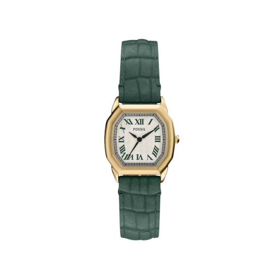 Fossil ES5427 ženski sat Harlow Octagonal Gold Tone kožni kaiš Deep Green Roman Numerals Cream Dial 27mm