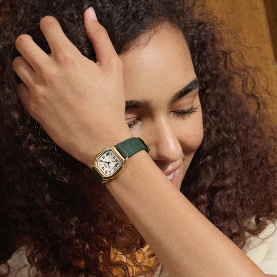 Fossil ES5427 ženski sat Harlow Octagonal Gold Tone kožni kaiš Deep Green Roman Numerals Cream Dial 27mm