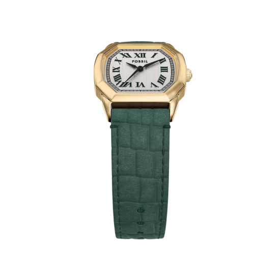 Fossil ES5427 ženski sat Harlow Octagonal Gold Tone kožni kaiš Deep Green Roman Numerals Cream Dial 27mm