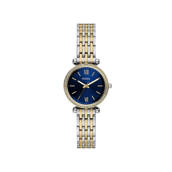 Fossil ES5438 ženski sat Carlie Mini Two Tone Silver Gold Cirkon Deep Blue Sunray Dial 28mm