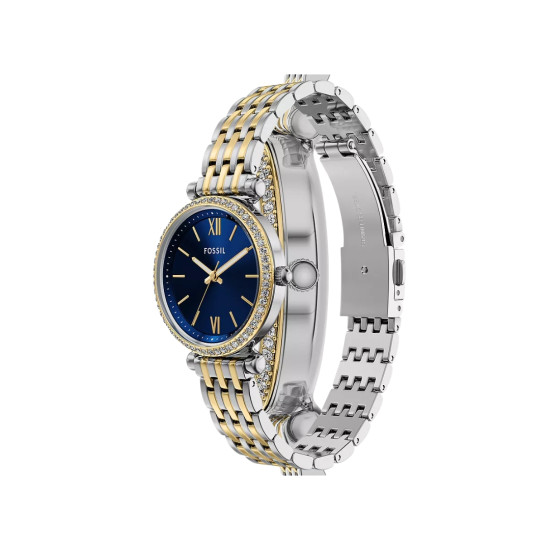 Fossil ES5438 ženski sat Carlie Mini Two Tone Silver Gold Cirkon Deep Blue Sunray Dial 28mm