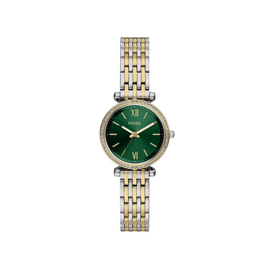 Fossil ES5439 ženski sat Carlie Mini Two Tone Silver Gold Cirkon Deep Green Sunray Dial 28mm