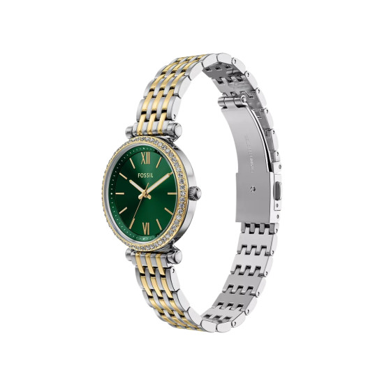 Fossil ES5439 ženski sat Carlie Mini Two Tone Silver Gold Cirkon Deep Green Sunray Dial 28mm