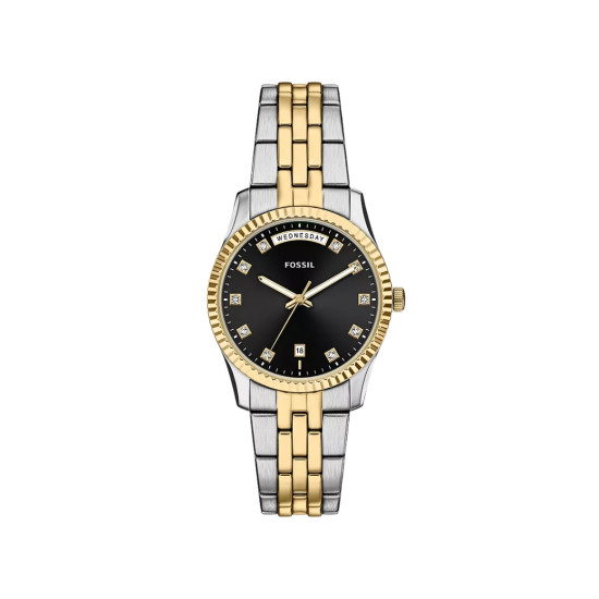 Fossil ES5458 ženski sat Scarlette Day Date Two Tone Silver Gold Black Sunray Dial 34mm