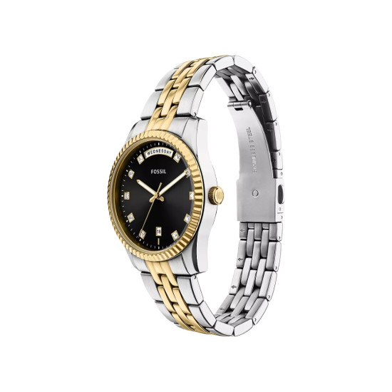 Fossil ES5458 ženski sat Scarlette Day Date Two Tone Silver Gold Black Sunray Dial 34mm