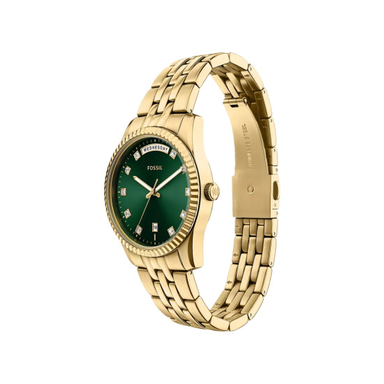 Fossil ES5460 ženski sat Scarlette Day Date Gold Tone Green Sunray Dial 34mm