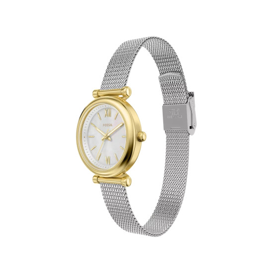 Fossil ES5463 ženski sat Carlie Mini Two Tone Silver Gold Mesh Band Mother of Pearl Dial 28mm