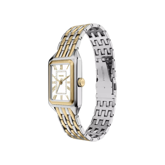 Fossil ES5468 ženski sat Raquel Mini pravougaono kućište Two Tone Silver Gold Roman Numerals White Satin Dial 18mm