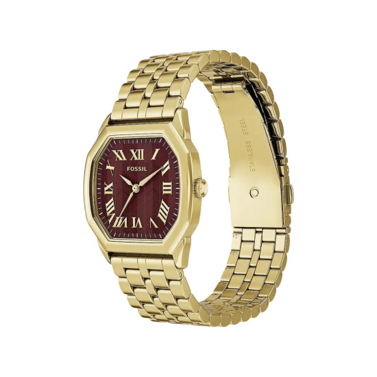 Fossil Harlow ES5511 ženski sat Octagonal Gold Tone Roman Numerals & Burgundu Sunray Dial 27mm Timeless Elegance NOVO