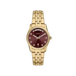 Fossil Scarlette ES5514 ženski sat Day Date Gold Tone Burgundu Sunray Dial 34mm Timeless Elegance NOVO