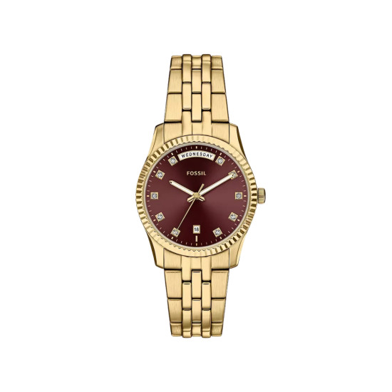 Fossil Scarlette ES5514 ženski sat Day Date Gold Tone Burgundu Sunray Dial 34mm Timeless Elegance NOVO