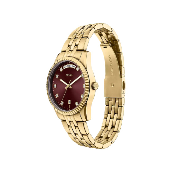 Fossil Scarlette ES5514 ženski sat Day Date Gold Tone Burgundu Sunray Dial 34mm Timeless Elegance NOVO