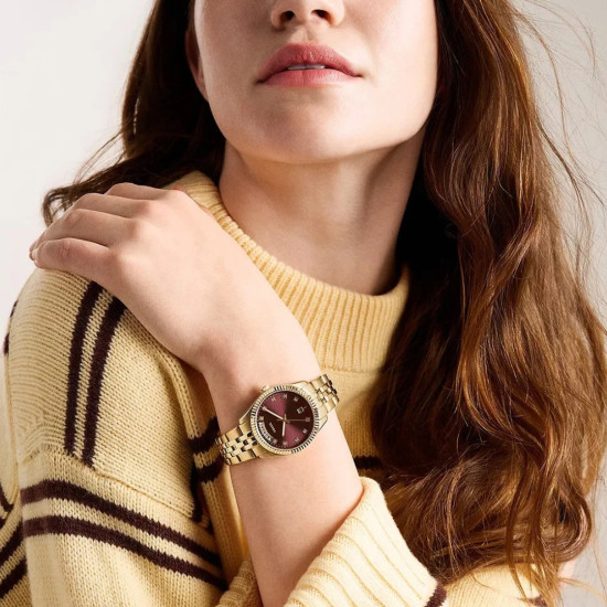 Fossil Scarlette ES5514 ženski sat Day Date Gold Tone Burgundu Sunray Dial 34mm Timeless Elegance NOVO