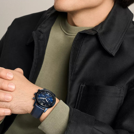 Fossil FS6168 muški sat Neutra Chronograph Navy Blue Minimalist kožni kaiš Sunray Slim Dial 44mm