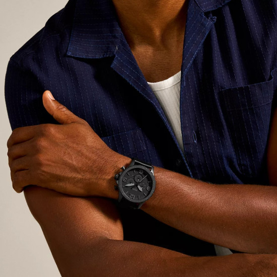 Fossil JR1354 muški sat Nate Chronograph XL All Black kožni kaiš 50mm 10ATM