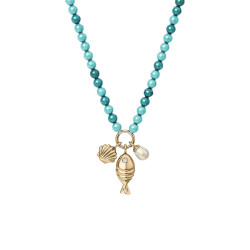Fossil JA7318710 ogrlica Sutton By The Sea Turquoise Blue Acrylic Beaded Shell Gold