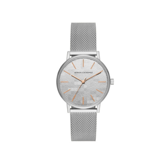 Armani Exchange AX5583 ženski sat A|X Lola Minimalist Desing Mesh Band Silver Stainless Steel Sunray Silver Dial 36mm Rose Gold Detail