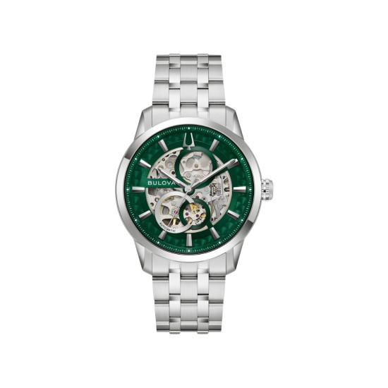 BULOVA 96A329 muški sat Sutton Automatic Full Skeleton Silver Tone Stainless Steel Sapphire Crystal Green Dial 40mm