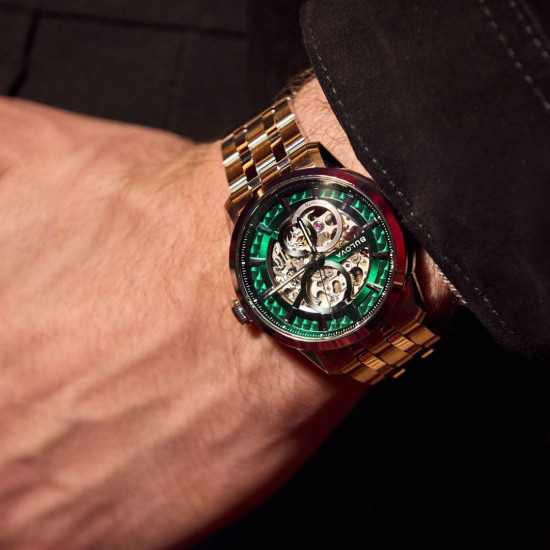 BULOVA 96A329 muški sat Sutton Automatic Full Skeleton Silver Tone Stainless Steel Sapphire Crystal Green Dial 40mm