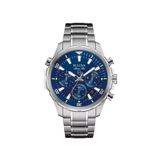 BULOVA 96B256 muški sat Marine Star Chronograph Silver Tone Stainless Steel Orange Detail Blue Dial 44mm 10ATM