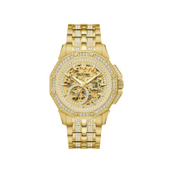 BULOVA 98A292 unisex sat Octava Crystal Automatic Gold Tone Luxury 251 Crystals Skeleton Dial 42mm
