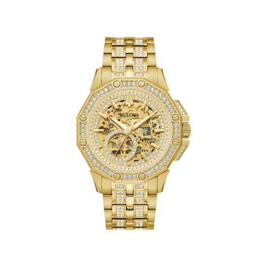 BULOVA 98A292 unisex sat Octava Crystal Automatic Gold Tone Luxury 251 Crystals Skeleton Dial 42mm