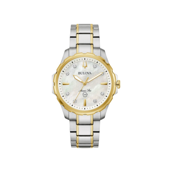BULOVA 98P227 ženski sat Marine Star Two Tone Silver Gold Mother-of-Pearl Dial 36mm Sapphire Crystal 10ATM 8 Diamonds