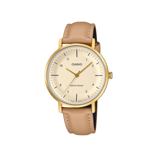 Casio LTP-VT03GL-4B ženski sat Concave Gold Tone kožni kaiš Nude Beige Champagne Dial Edition