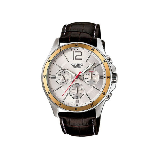 Casio MTP-1374L-7AV muški sat Multifunkcionalni Sportsko-elegantan Brown Kožni kaiš White Dial Gold detail