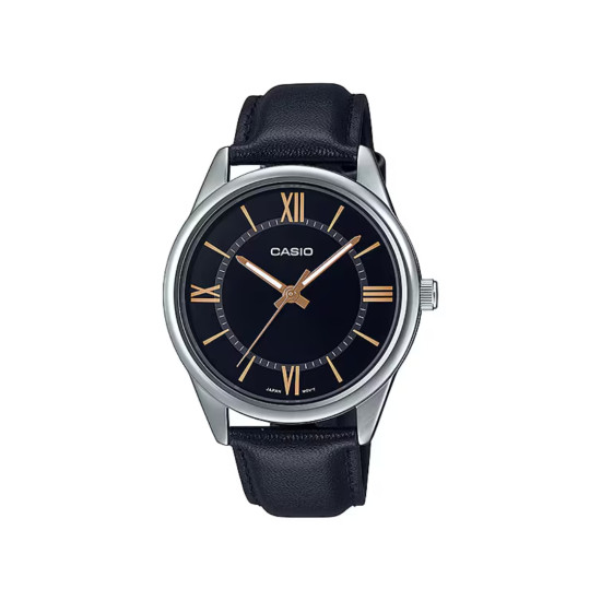 Casio MTP-V005L-1B5 muški sat Basic Black Kožni kaiš Black Dial Rose Gold detail