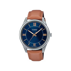 Casio MTP-V005L-2B5 muški sat Basic Brown Kožni kaiš Blue Dial Rose Gold detail