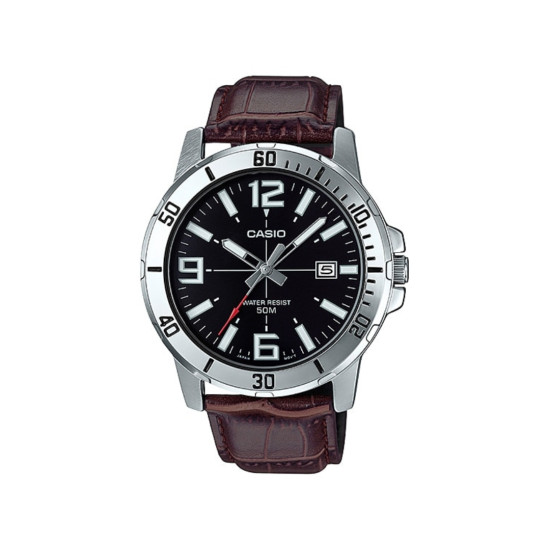 Casio MTP-VD01L-1B unisex Bold Grande Brown Kožni kaiš Black Dial Arabic Numerals