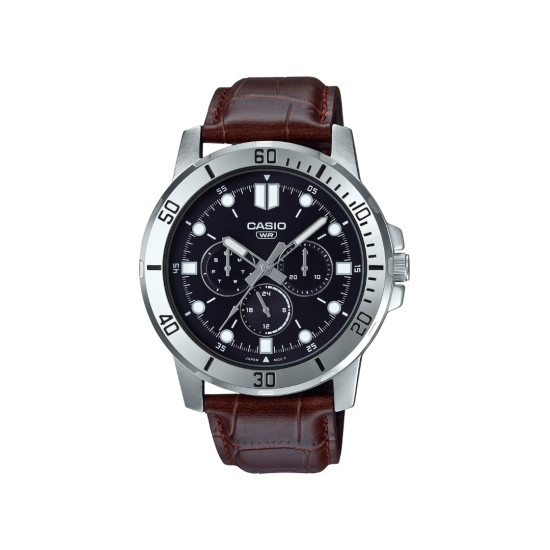 Casio MTP-VD300L-1E unisex Day Date Bold Grande Brown Kožni kaiš Black Dial Dot Indices