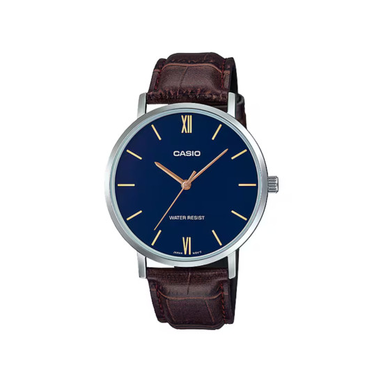 Casio MTP-VT01L-2B unisex Minimalist Grande kožni kaiš Brown Deep Blue Dial
