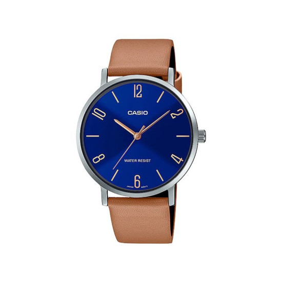 Casio MTP-VT01L-2B2 unisex Minimalist Grande kožni kaiš Brown Indigo Blue Dial