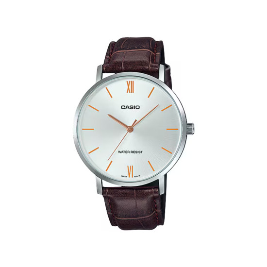 Casio MTP-VT01L-7B2 unisex sat Minimalist Grande Brown kožni kaiš Sunray White Dial 40mm