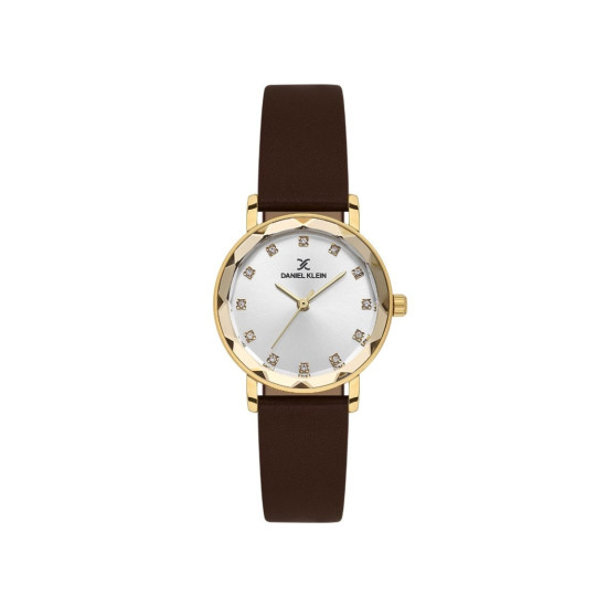 DANIEL KLEIN DK14317-2 ženski sat Timeless Classic Gold Tone Brown kožni kaiš White Sunray Dial 28mm