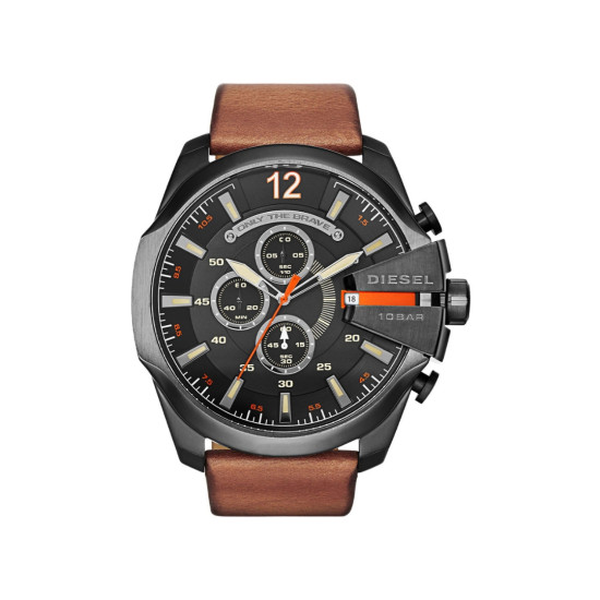 Diesel DZ4343 muški sat Mega Chief Chronograph XL kožni kaiš Brown Black Stainless Steel Orange Detail 51mm