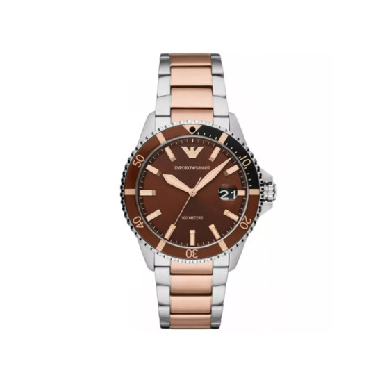 Emporio Armani AR11340 muški sat Diver Two Tone Rose Gold Silver Stainless Steel Sunray Brown Dial 42mm 10ATM