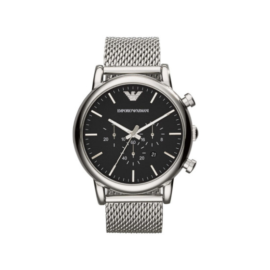 Emporio Armani AR1808 muški sat Luigi Chronograph Mesh Band Silver Stainless Steel Sunray Black Dial 46mm