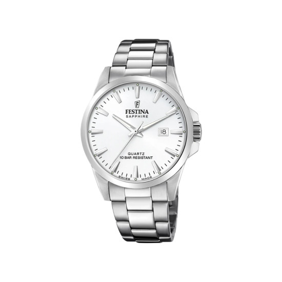 Festina F20024/2 muški sat CLASSICS Swiss Made Silver Stainless Steel Sapphire Crystal Sunray White Dial 41mm