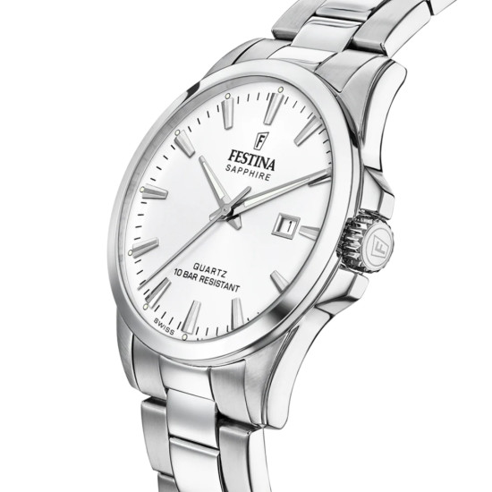Festina F20024/2 muški sat CLASSICS Swiss Made Silver Stainless Steel Sapphire Crystal Sunray White Dial 41mm