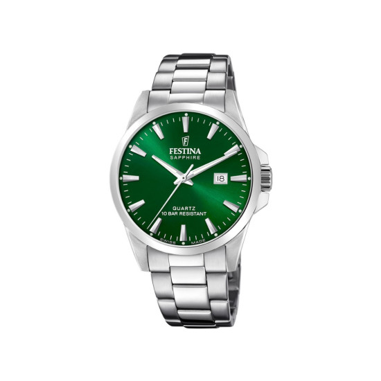 Festina F20024/6 muški sat CLASSICS Swiss Made Silver Stainless Steel Sapphire Crystal Sunray Green Dial 41mm